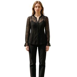 Paige Saldana Blouse Long Sleeve Button Front Lace Black Womens Small